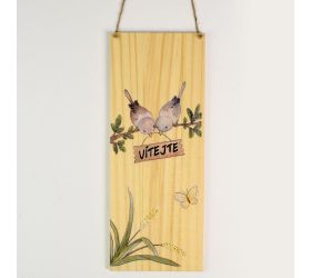 Záves tabuľka vtáky vítejte  drevo 30x12x1cm natur super cena