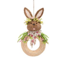 Záves veniec zajac s kvetmi slama 29*60cm