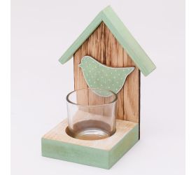 Drev. svietnik domček vtáčik modrý 14x10,5x9