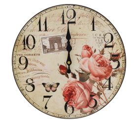 Hodiny nástenné mdf dia 34cm ruže s motýľom