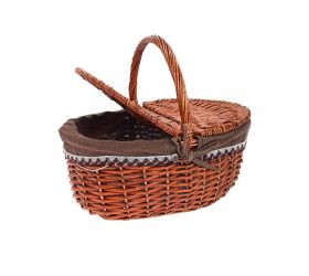 Prút. piknikový košík ovál tm. hnedá s rúčkou tm.hnedá látka 38x28x17x36cm