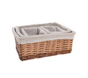 Prút. košík s/3 obdĺžnik hnedý biela látka 40x30x16cm + 34x24x14cm + 18x14x12cm