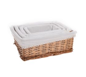 Prút. košík s/4 obdĺžnik sv.hnedý   biela látka 40x30x16cm + 23x15x10cm + 34x24x14cm + 28x18x12cm