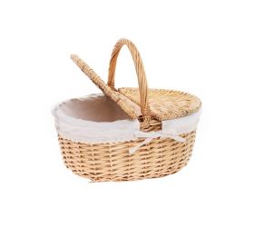 Prút. piknikový košík ovál sv. hnedá s rúčkou biela látka 38x28x17x36cm