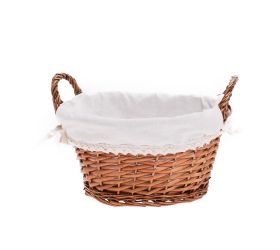 Prút. košík ovál hnedý s rúčkou biela látka 29x23x15cm