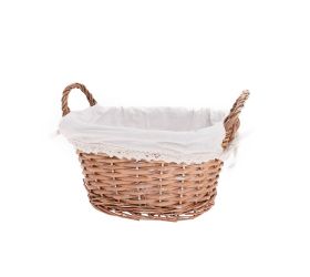 Prút. košík ovál šedý s rúčkou biela látka 29x23x15cm