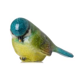 Vták zel/mod/žl polyrez 7,8x6,5x8,8cm