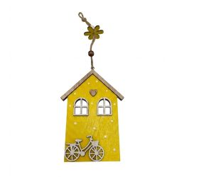Záves domček s bicyklom žlt/bie drevo 14,5*10*0,5cm